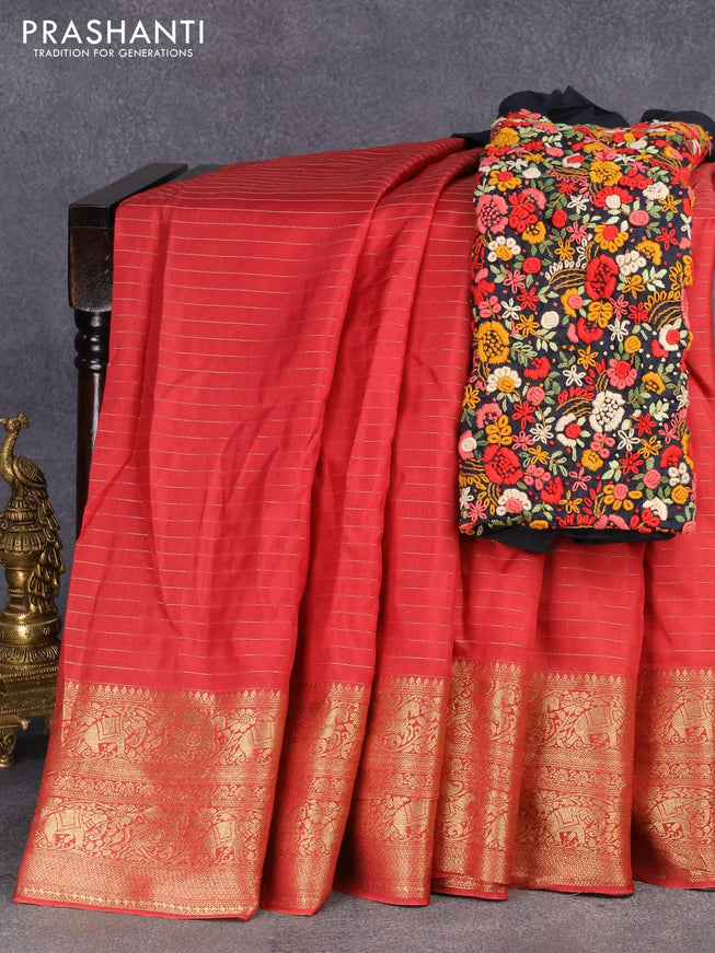 Dola silk saree red shade and black with allover zari woven stripes pattern and zari woven border with embroidery work blouse - {{ collection.title }} by Prashanti Sarees