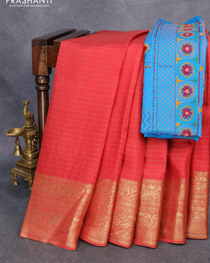 Dola silk saree red shade and cs blue with allover zari woven stripes pattern and zari woven border with embroidery work blouse - {{ collection.title }} by Prashanti Sarees