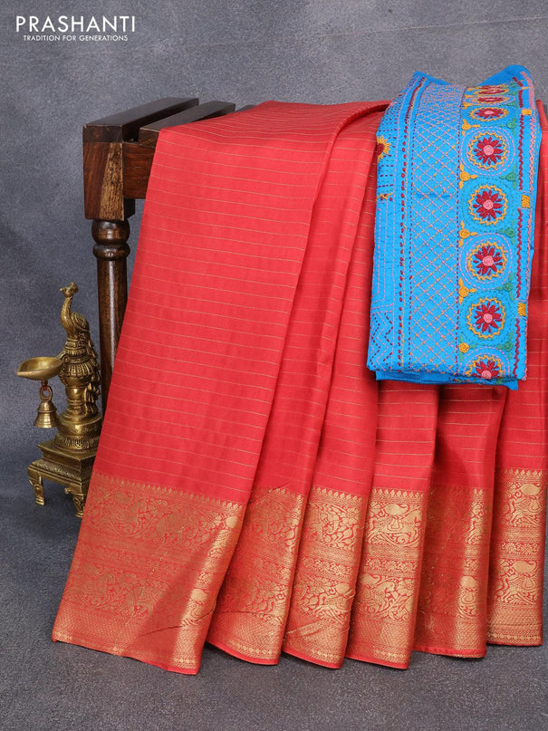 Dola silk saree red shade and cs blue with allover zari woven stripes pattern and zari woven border with embroidery work blouse - {{ collection.title }} by Prashanti Sarees