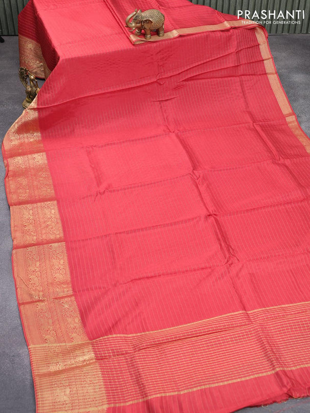 Dola silk saree red shade and cs blue with allover zari woven stripes pattern and zari woven border with embroidery work blouse - {{ collection.title }} by Prashanti Sarees