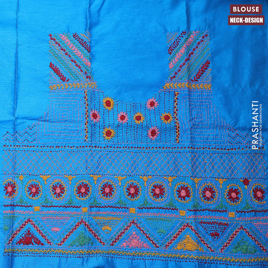 Dola silk saree red shade and cs blue with allover zari woven stripes pattern and zari woven border with embroidery work blouse - {{ collection.title }} by Prashanti Sarees