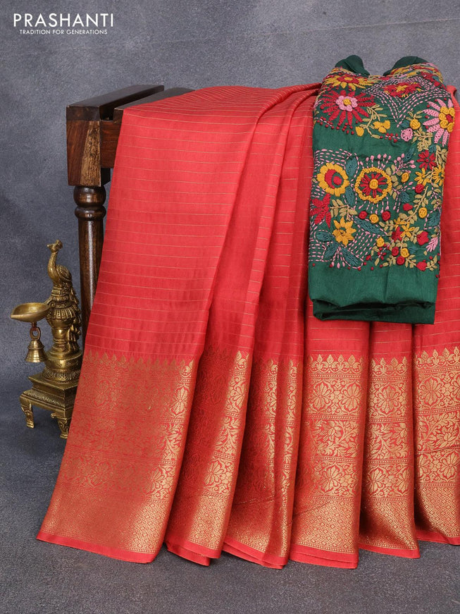 Dola silk saree red shade and dark green with allover zari woven stripes pattern and zari woven border with embroidery work blouse - {{ collection.title }} by Prashanti Sarees