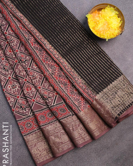 Dola silk saree rosy brown and black with allover patola prints and ajrakh printed pallu - {{ collection.title }} by Prashanti Sarees