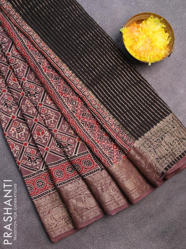 Dola silk saree rosy brown and black with allover patola prints and ajrakh printed pallu - {{ collection.title }} by Prashanti Sarees