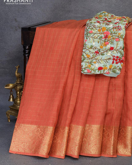 Dola silk saree rustic orange and pastel blue shade with zari checked pattern and zari woven border with embroidery work blouse - {{ collection.title }} by Prashanti Sarees