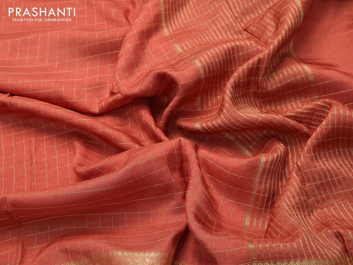 Dola silk saree rustic orange and pastel blue shade with zari checked pattern and zari woven border with embroidery work blouse - {{ collection.title }} by Prashanti Sarees