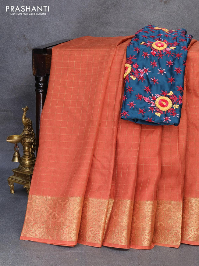 Dola silk saree rustic orange and peacock blue with zari checked pattern and zari woven border with embroidery work blouse - {{ collection.title }} by Prashanti Sarees