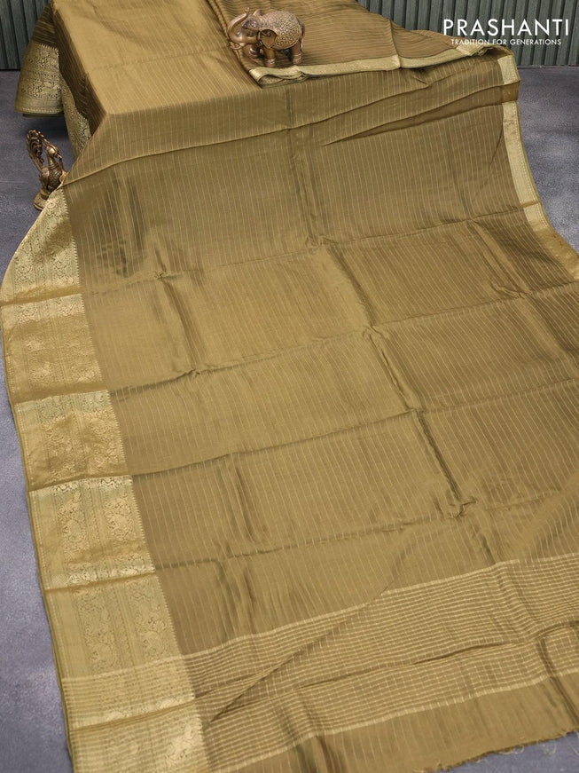 Dola silk saree sap green and red with allover zari woven stripes pattern and zari woven border with embroidery work blouse - {{ collection.title }} by Prashanti Sarees