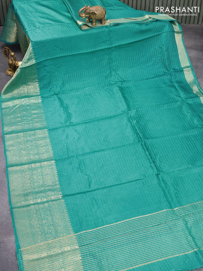 Dola silk saree teal blue and brown with allover zari woven stripes pattern and long zari woven border with embroidery work blouse - {{ collection.title }} by Prashanti Sarees