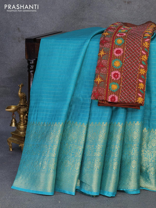 Dola silk saree teal blue and brown with allover zari woven stripes pattern and zari woven border with embroidery work blouse - {{ collection.title }} by Prashanti Sarees