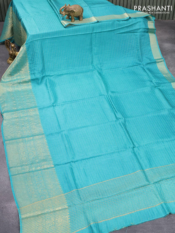 Dola silk saree teal blue and brown with allover zari woven stripes pattern and zari woven border with embroidery work blouse - {{ collection.title }} by Prashanti Sarees