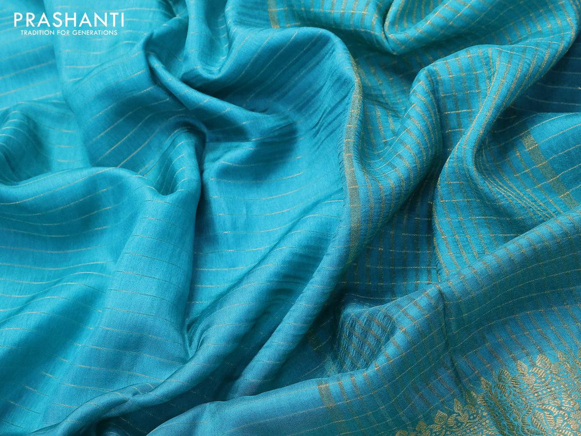 Dola silk saree teal blue and brown with allover zari woven stripes pattern and zari woven border with embroidery work blouse - {{ collection.title }} by Prashanti Sarees