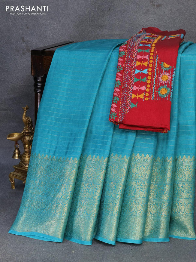 Dola silk saree teal blue and maroon with allover zari woven stripes pattern and long zari woven border with embroidery work blouse - {{ collection.title }} by Prashanti Sarees