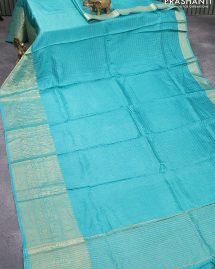 Dola silk saree teal blue and maroon with allover zari woven stripes pattern and long zari woven border with embroidery work blouse - {{ collection.title }} by Prashanti Sarees