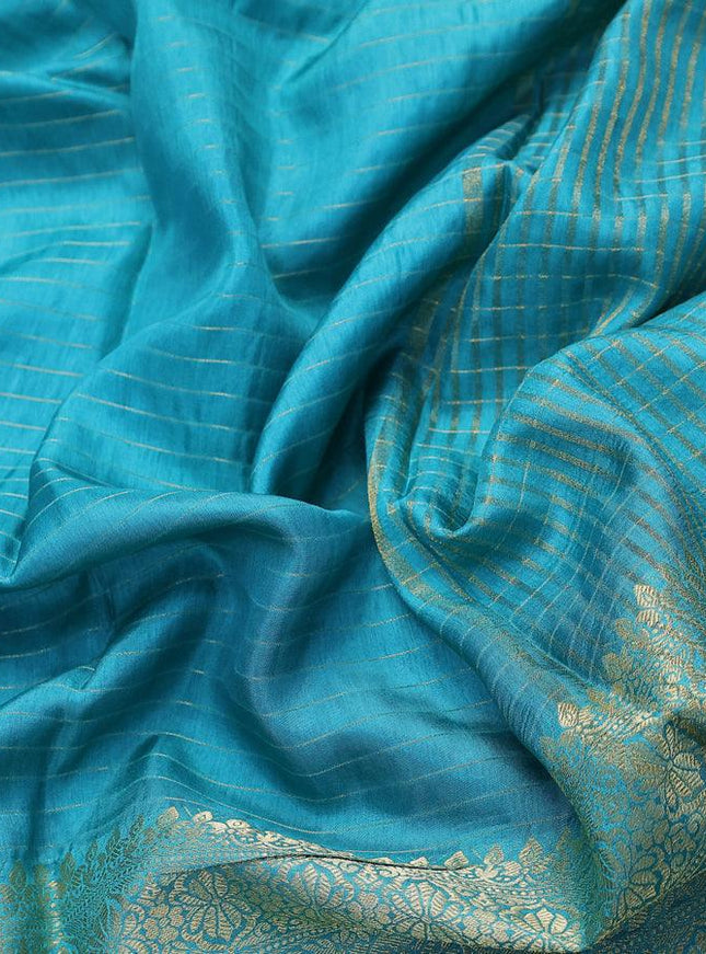 Dola silk saree teal blue and maroon with allover zari woven stripes pattern and long zari woven border with embroidery work blouse - {{ collection.title }} by Prashanti Sarees