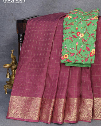 Dola silk saree wine shade and green with zari checked pattern and zari woven border with embroidery work blouse - {{ collection.title }} by Prashanti Sarees