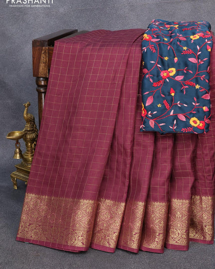 Dola silk saree wine shade and peacock blue with zari checked pattern and zari woven border with embroidery work blouse - {{ collection.title }} by Prashanti Sarees