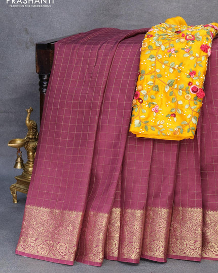 Dola silk saree wine shade and yellow with zari checked pattern and zari woven border with embroidery work blouse - {{ collection.title }} by Prashanti Sarees