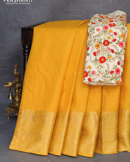 Dola silk saree yellow and cream with allover zari woven stripes pattern and zari woven border with embroidery work blouse - {{ collection.title }} by Prashanti Sarees