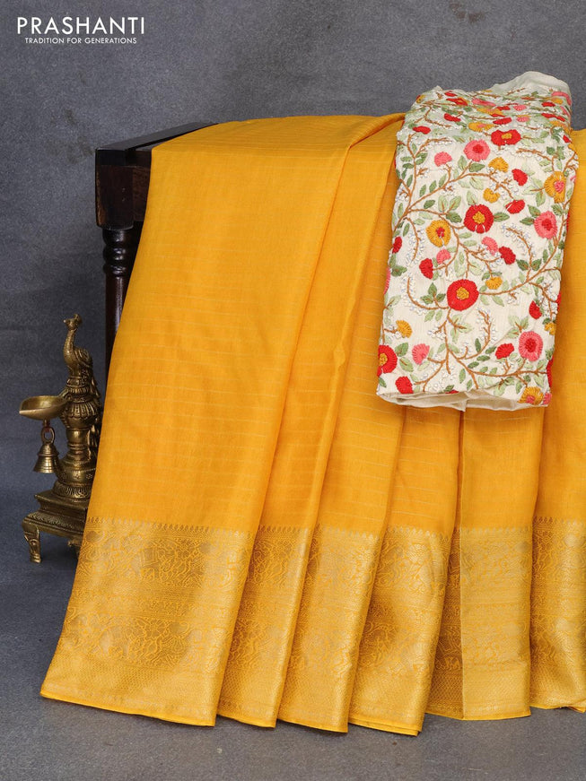 Dola silk saree yellow and cream with allover zari woven stripes pattern and zari woven border with embroidery work blouse - {{ collection.title }} by Prashanti Sarees