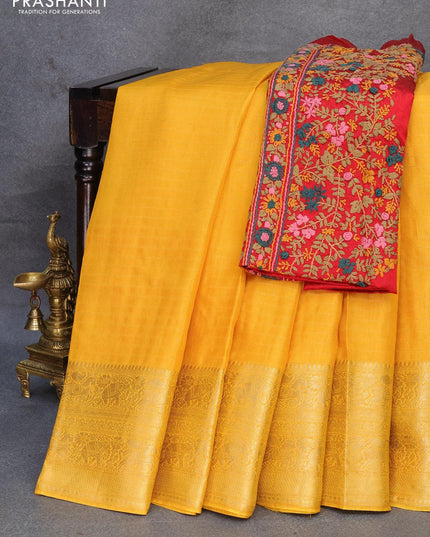 Dola silk saree yellow and maroon with allover zari woven stripes pattern and zari woven border with embroidery work blouse - {{ collection.title }} by Prashanti Sarees