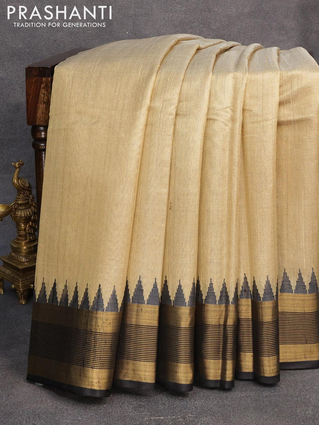 Dupion silk saree beige and black with plain body and temple design zari woven border - {{ collection.title }} by Prashanti Sarees