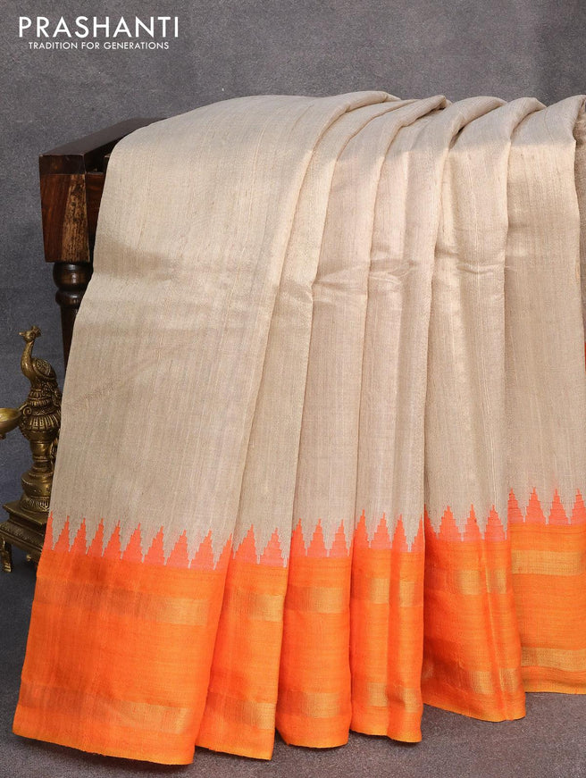 Dupion silk saree beige and orange with plain body and temple design rettapet zari woven border - {{ collection.title }} by Prashanti Sarees