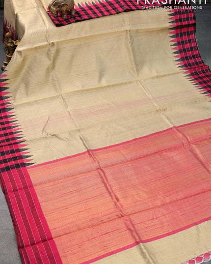 Dupion silk saree beige and pink with plain body and temple design checked border - {{ collection.title }} by Prashanti Sarees