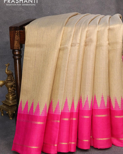 Dupion silk saree beige and pink with plain body and temple design rettapet zari woven border - {{ collection.title }} by Prashanti Sarees