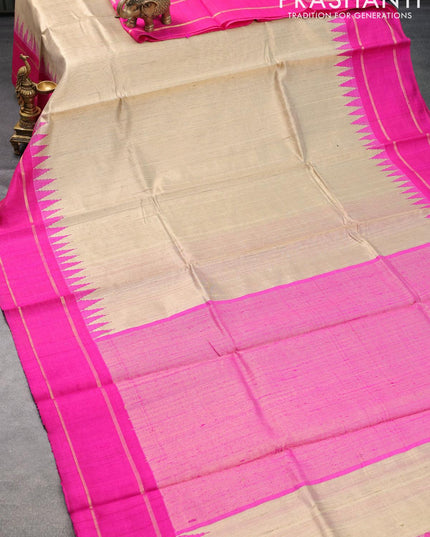 Dupion silk saree beige and pink with plain body and temple design rettapet zari woven border - {{ collection.title }} by Prashanti Sarees