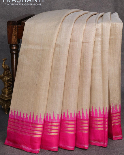Dupion silk saree beige and pink with plain body and temple design zari woven border - {{ collection.title }} by Prashanti Sarees
