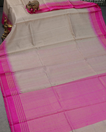 Dupion silk saree beige and pink with plain body and temple design zari woven border - {{ collection.title }} by Prashanti Sarees
