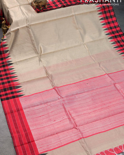 Dupion silk saree beige and red with plain body and temple design checked border - {{ collection.title }} by Prashanti Sarees