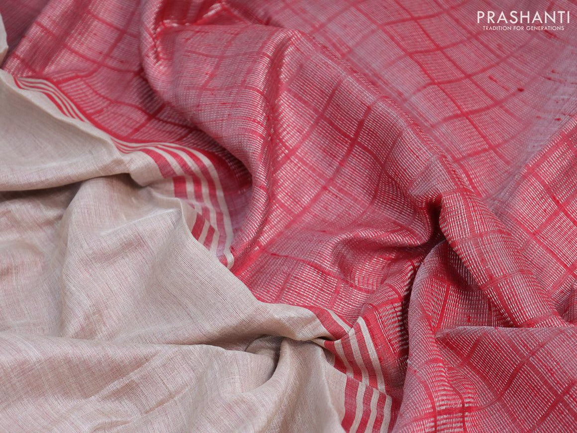 Dupion silk saree beige and red with plain body and temple design rettapet silver zari woven border - {{ collection.title }} by Prashanti Sarees