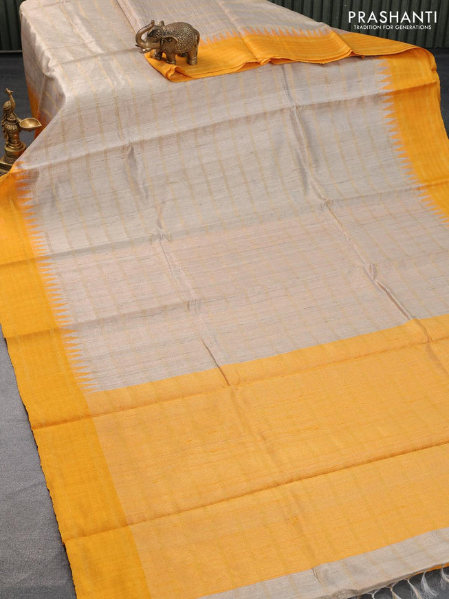 Dupion silk saree beige and yellow with allover zari woven stripes pattern and temple design border - {{ collection.title }} by Prashanti Sarees