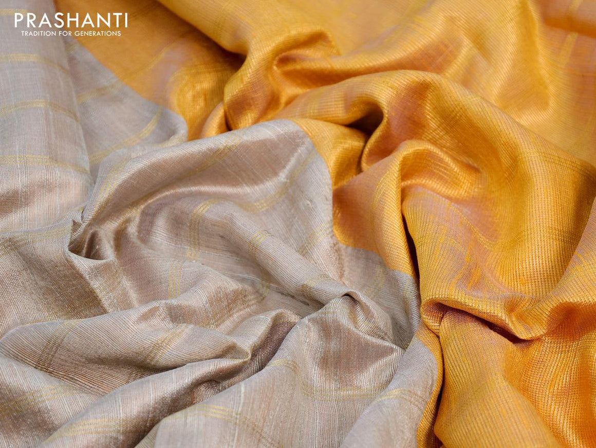 Dupion silk saree beige and yellow with allover zari woven stripes pattern and temple design border - {{ collection.title }} by Prashanti Sarees