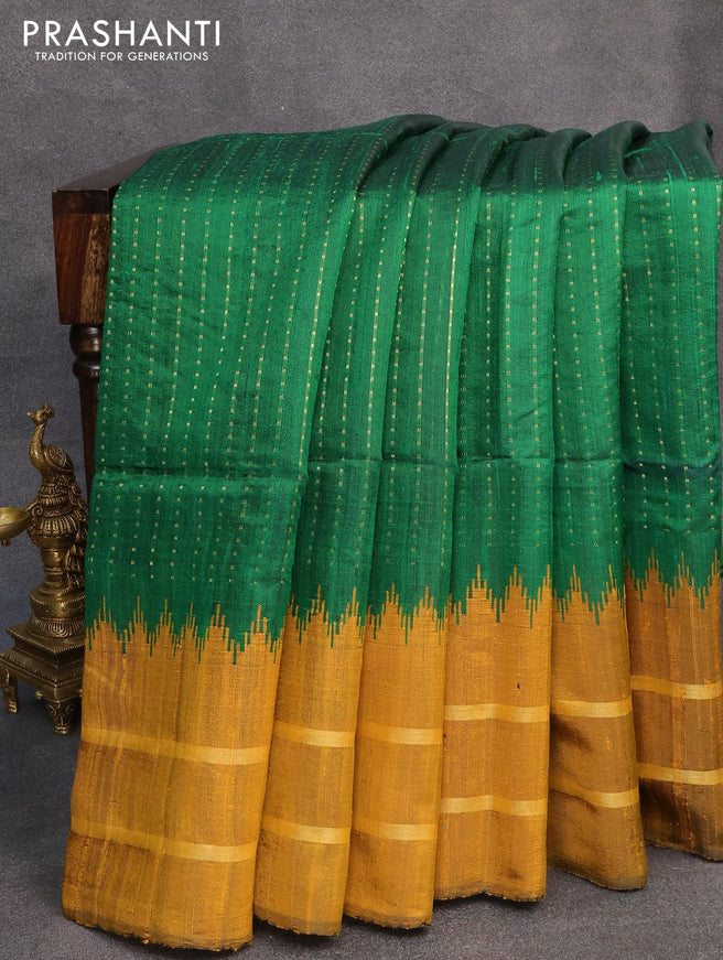 Dupion silk saree green and mustard yellow with allover zari weaves and temple design zari woven border - {{ collection.title }} by Prashanti Sarees