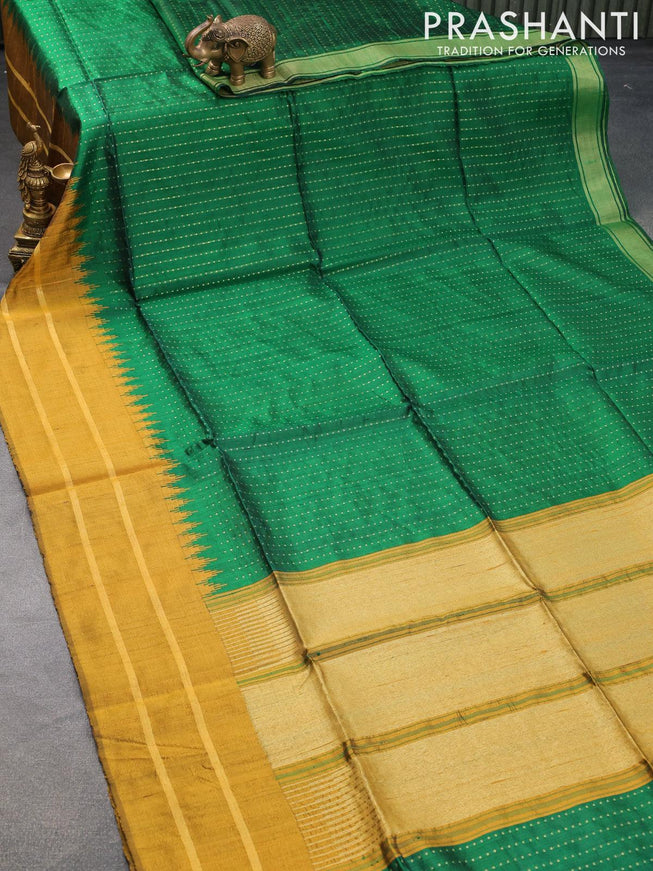 Dupion silk saree green and mustard yellow with allover zari weaves and temple design zari woven border - {{ collection.title }} by Prashanti Sarees