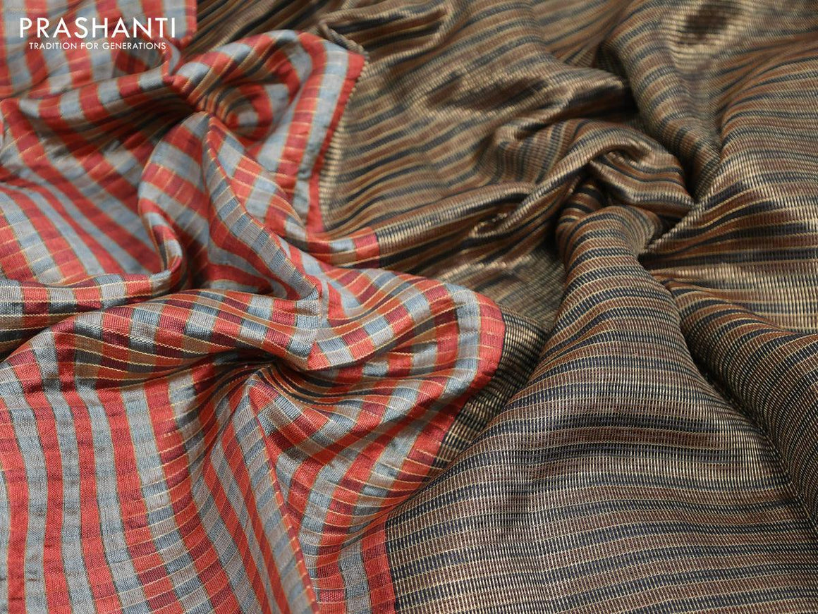 Dupion silk saree grey rust shade and black with allover zari weaves & checked pattern and rettapet zari woven border - {{ collection.title }} by Prashanti Sarees