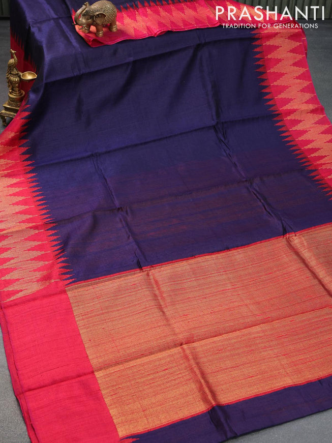 Dupion silk saree navy blue and reddish pink with plain body and temple design zari woven border - {{ collection.title }} by Prashanti Sarees