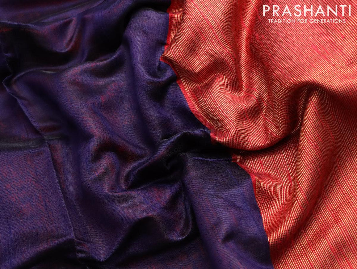Dupion silk saree navy blue and reddish pink with plain body and temple design zari woven border - {{ collection.title }} by Prashanti Sarees