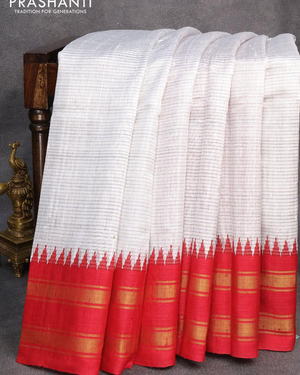 Dupion silk saree off white and red with allover checked pattern and temple design rettapet zari woven border - {{ collection.title }} by Prashanti Sarees