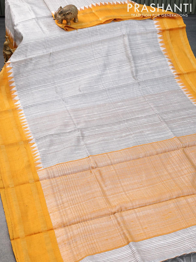 Dupion silk saree off white and yellow with allover checked pattern and temple design rettapet zari woven border - {{ collection.title }} by Prashanti Sarees