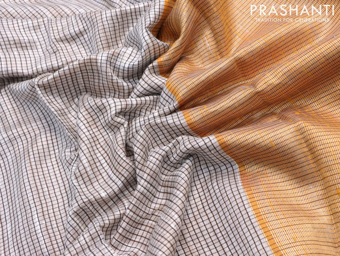 Dupion silk saree off white and yellow with allover checked pattern and temple design rettapet zari woven border - {{ collection.title }} by Prashanti Sarees