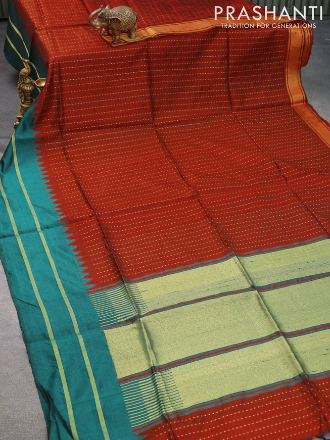 Dupion silk saree orange and peacock green with allover zari weaves and temple design zari woven border - {{ collection.title }} by Prashanti Sarees