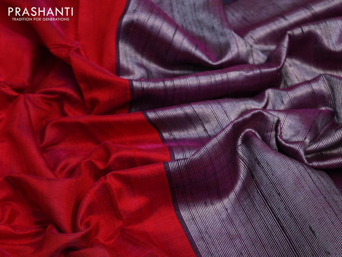 Dupion silk saree red and navy blue with plain body and temple design zari checked border - {{ collection.title }} by Prashanti Sarees