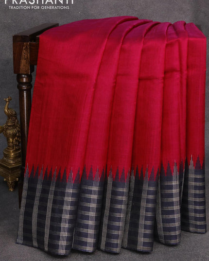 Dupion silk saree reddish pink and navy blue with plain body and temple design zari checked border - {{ collection.title }} by Prashanti Sarees