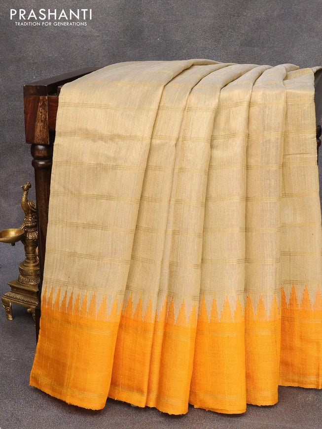 Dupion silk saree sandal and yellow with allover zari woven stripes pattern and temple design border - {{ collection.title }} by Prashanti Sarees