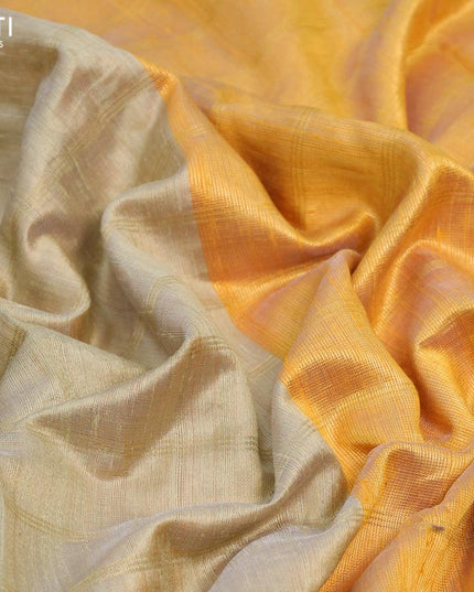Dupion silk saree sandal and yellow with allover zari woven stripes pattern and temple design border - {{ collection.title }} by Prashanti Sarees