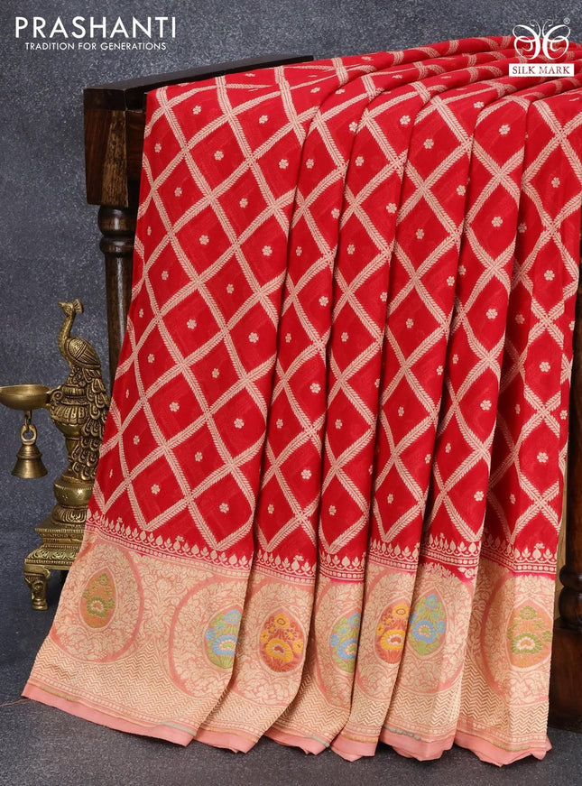 Exclusive banarasi paithani georgette saree red with allover zari weaves and zari woven paithani border - {{ collection.title }} by Prashanti Sarees